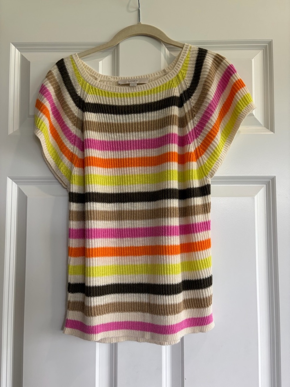 Striped Knit Short-Sleeve Top in Cream, Pink, Orange, Yellow, Brown, Black